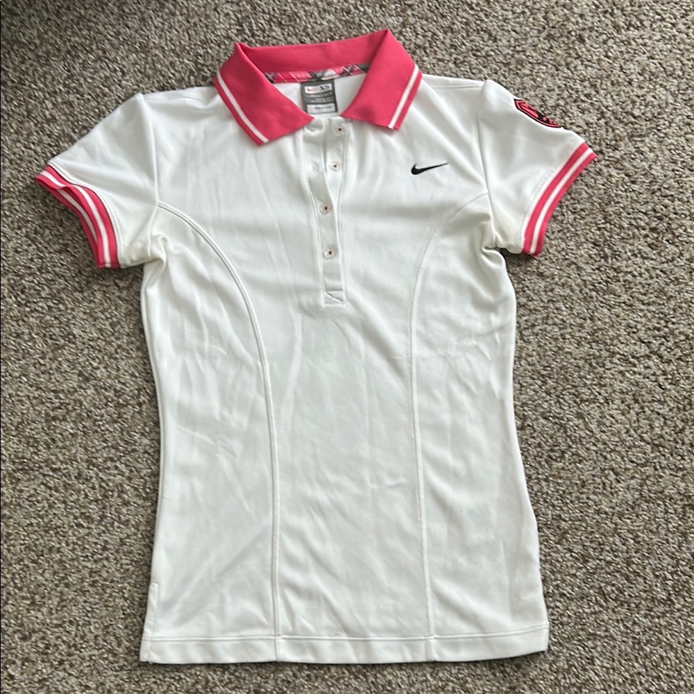 Nike White and Pink Fitted Polo Shirt
